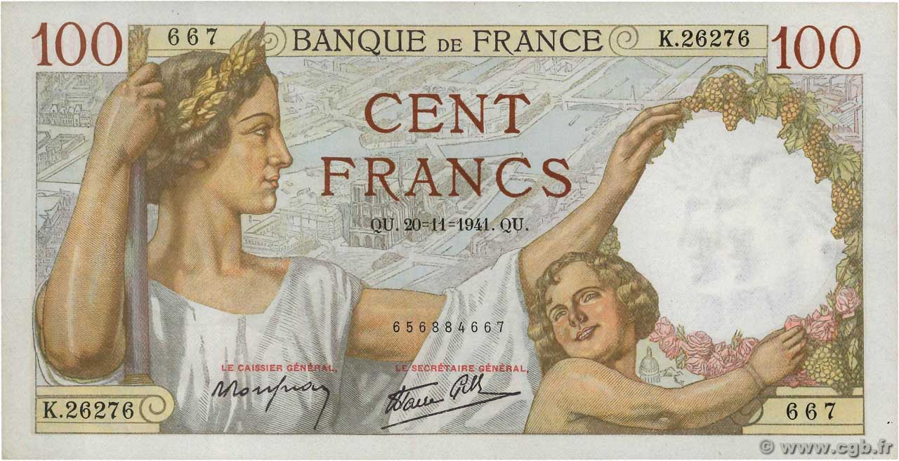 100 Francs SULLY FRANCE  1941 F.26.61 SUP
