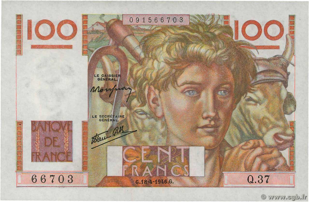 100 Francs JEUNE PAYSAN FRANCIA  1946 F.28.03 SPL+