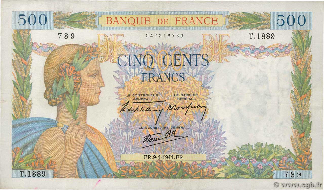 500 Francs LA PAIX FRANKREICH  1941 F.32.12 SS