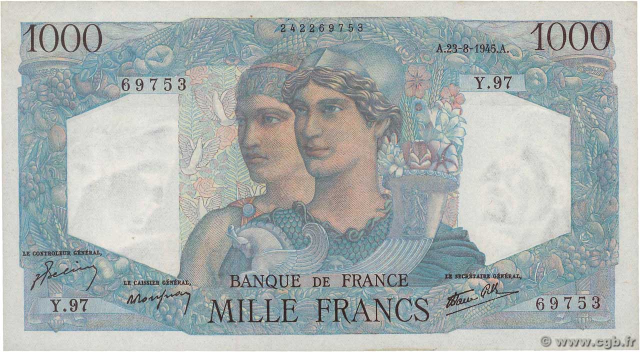 1000 Francs MINERVE ET HERCULE FRANCE  1945 F.41.07 VF+