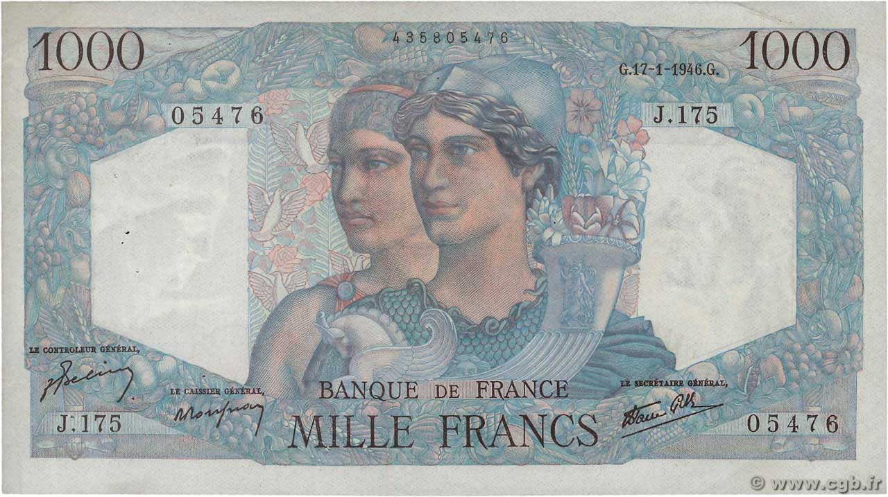 1000 Francs MINERVE ET HERCULE FRANCE  1946 F.41.10 VF