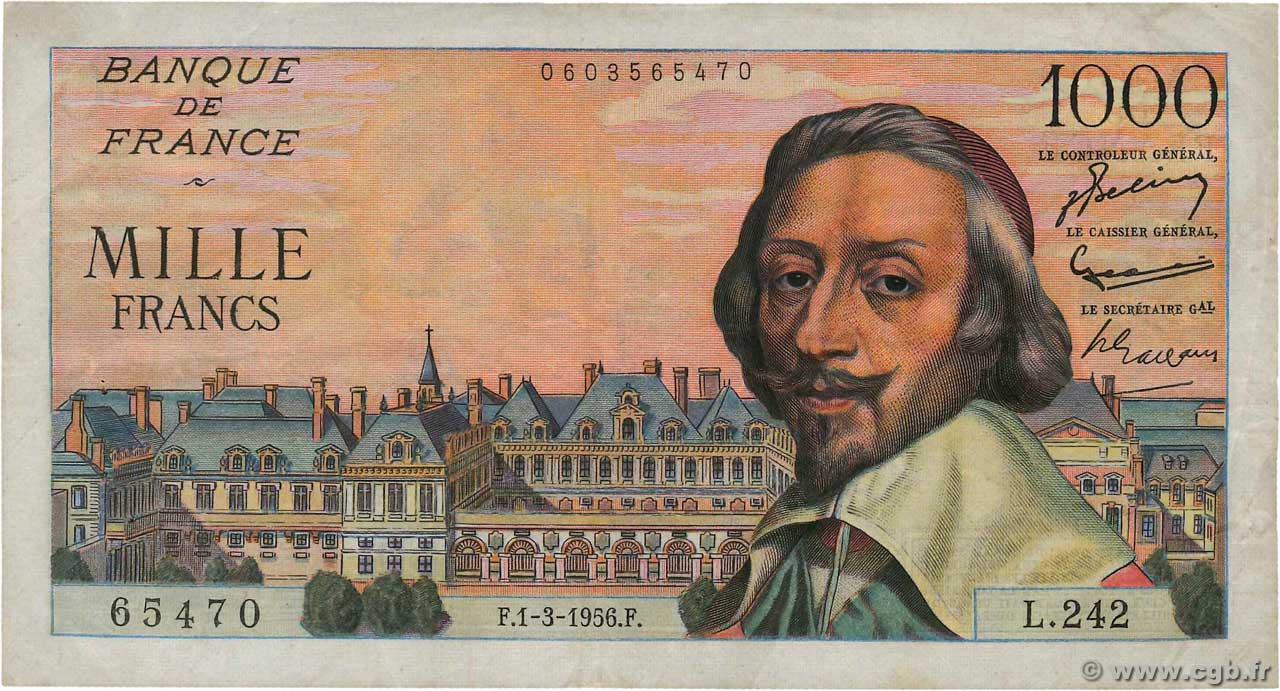 1000 Francs RICHELIEU FRANCE  1956 F.42.19 F+