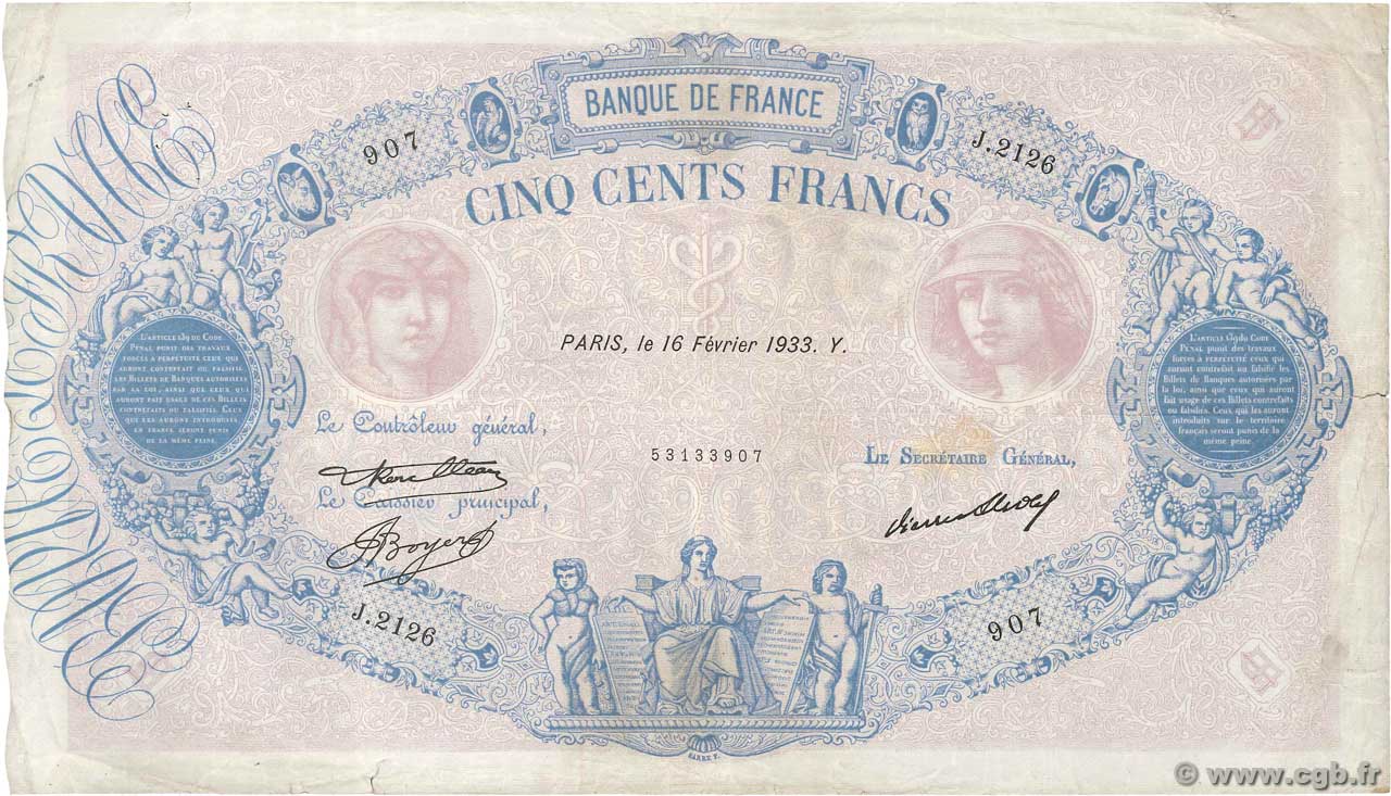 500 Francs BLEU ET ROSE FRANCE  1933 F.30.36 TB
