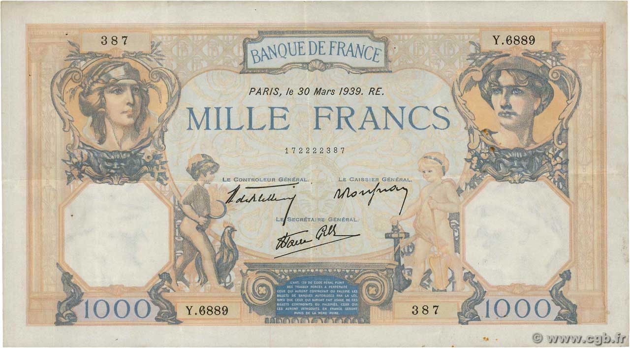 1000 Francs CÉRÈS ET MERCURE type modifié FRANCE  1939 F.38.35 pr.TTB