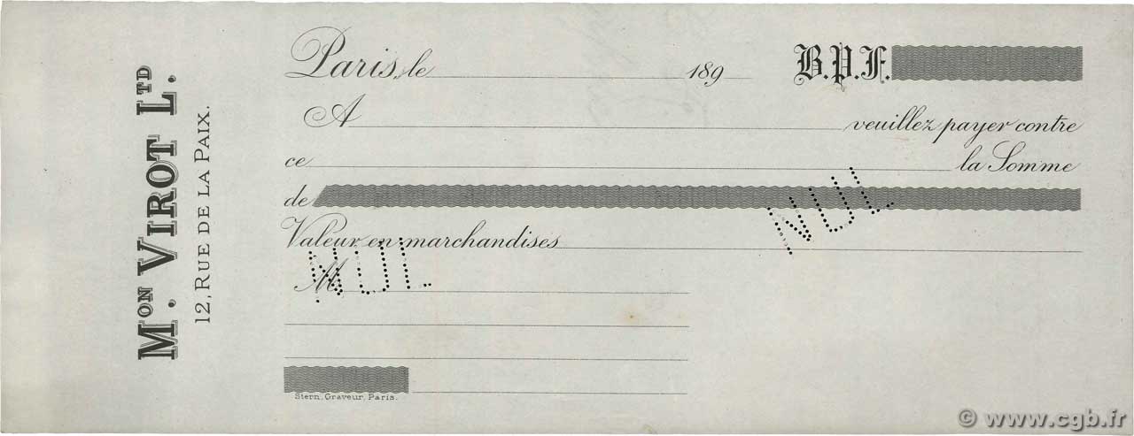 Francs Non émis FRANCE régionalisme et divers Paris 1890 DOC.Chèque SUP