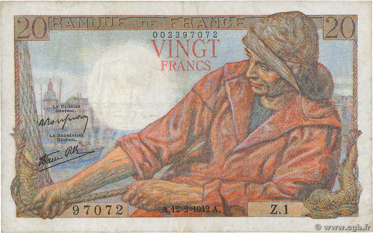 20 Francs PÊCHEUR FRANCE  1942 F.13.01 TB+