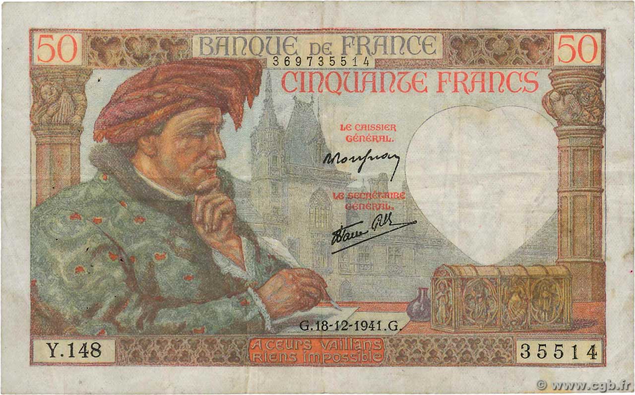 50 Francs JACQUES CŒUR FRANCE  1941 F.19.17 TB+