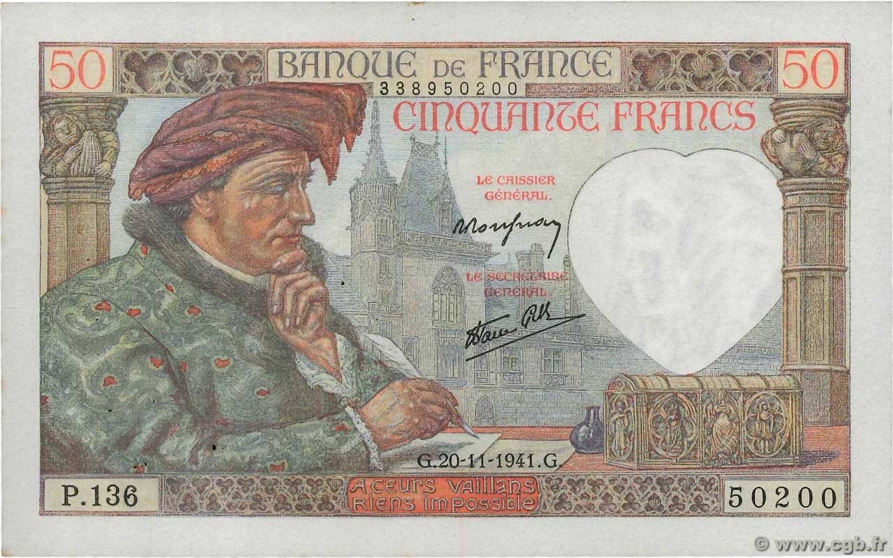 50 Francs JACQUES CŒUR FRANCE  1941 F.19.16 XF-