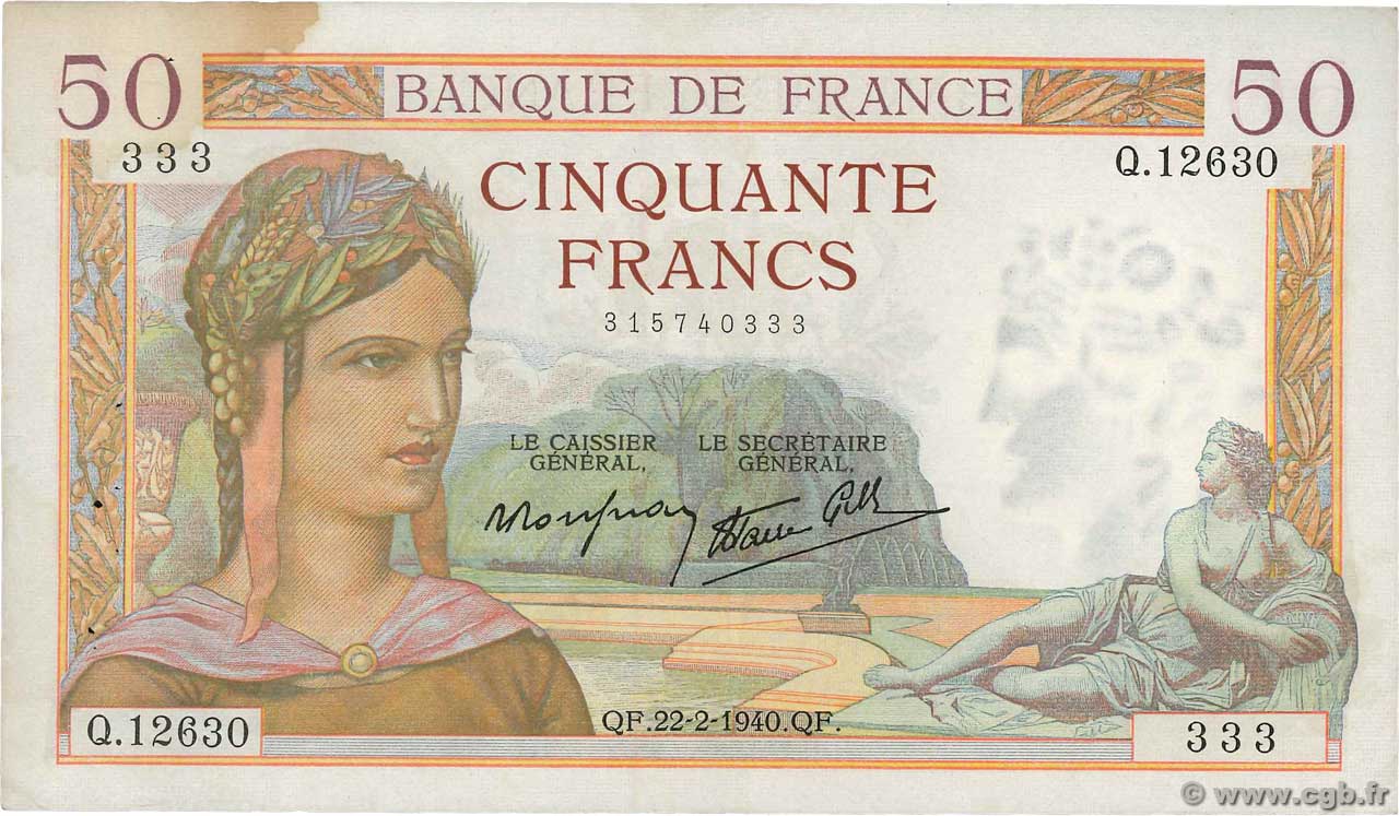 50 Francs CÉRÈS modifié FRANCIA  1940 F.18.39 MBC+