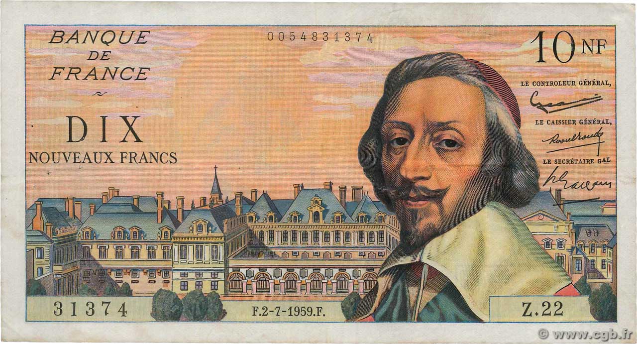 10 Nouveaux Francs RICHELIEU FRANCE  1959 F.57.02 F+