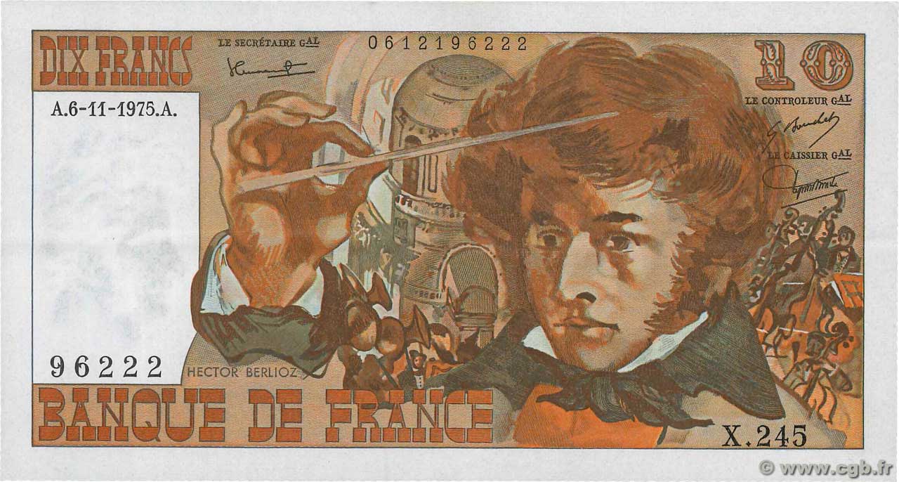 10 Francs BERLIOZ FRANCE  1975 F.63.14 XF
