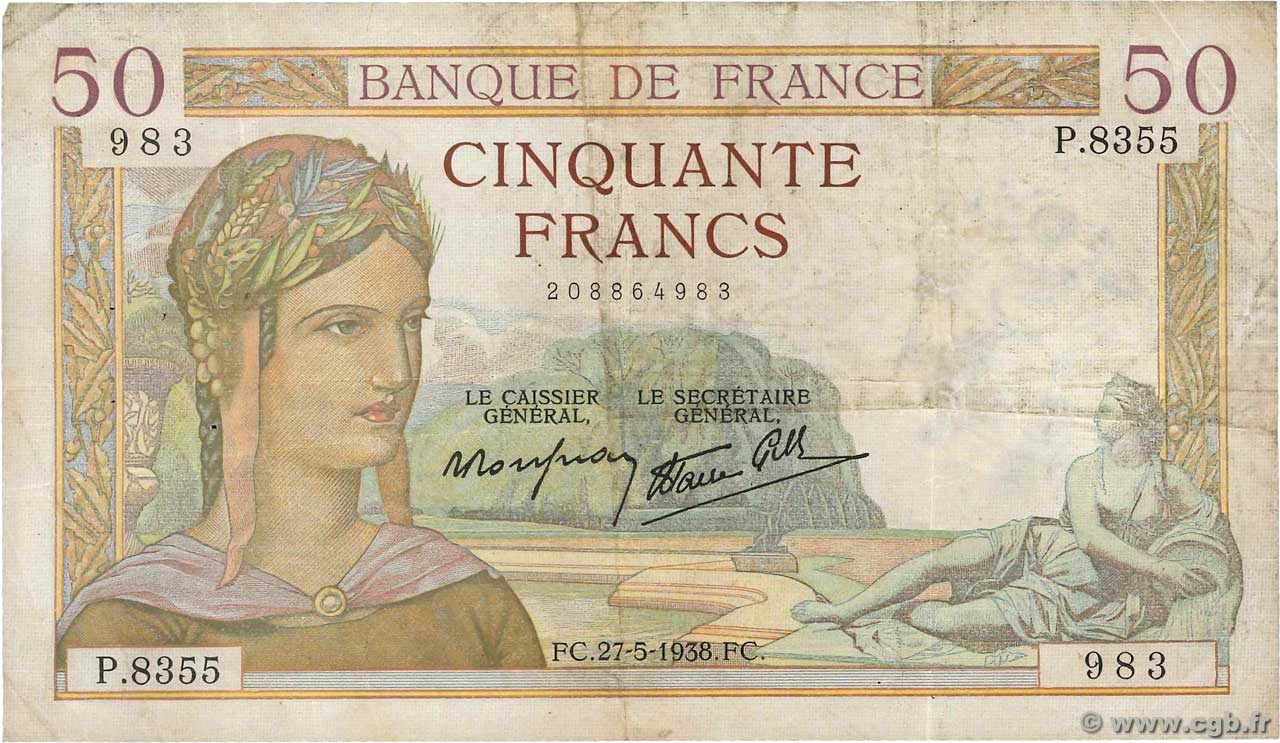 50 Francs CÉRÈS modifié FRANCE  1938 F.18.13 TB