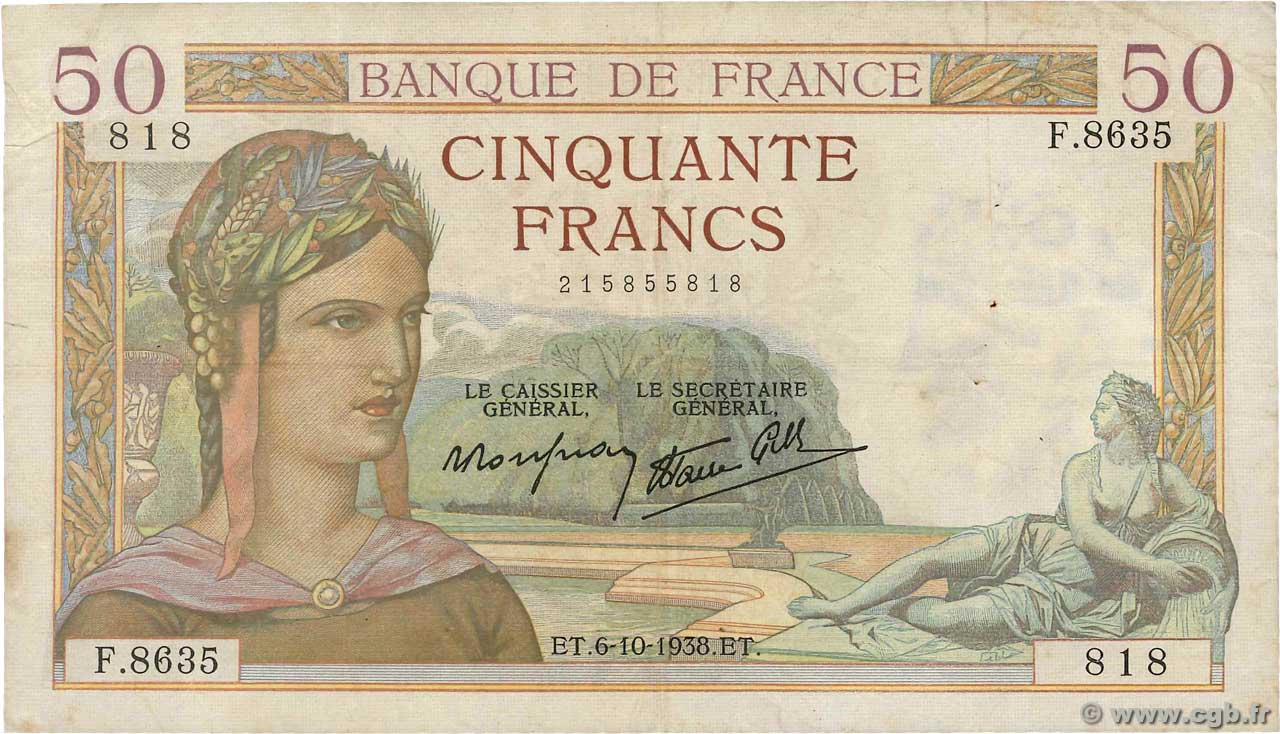 50 Francs CÉRÈS modifié FRANCE  1938 F.18.15 TB