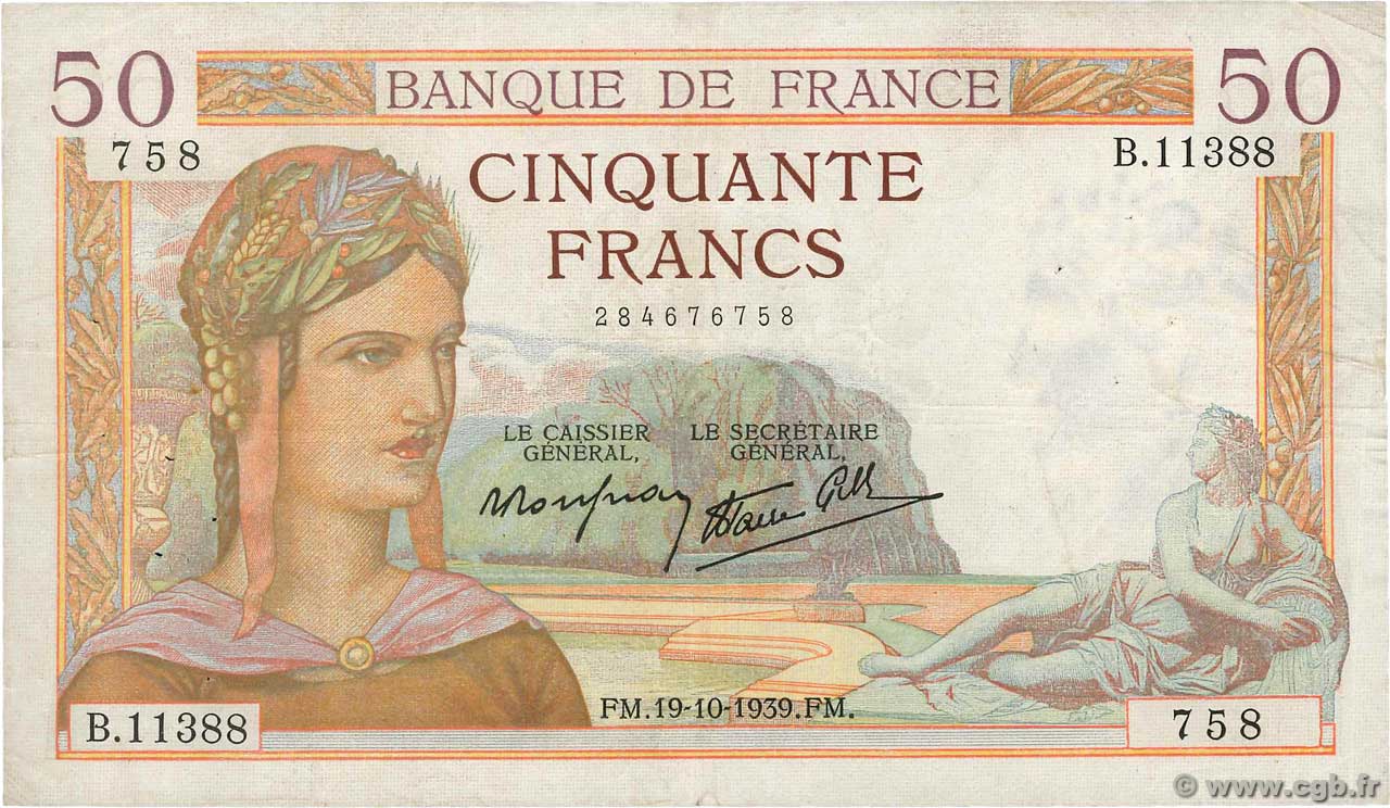 50 Francs CÉRÈS modifié FRANCE  1939 F.18.33 pr.TTB
