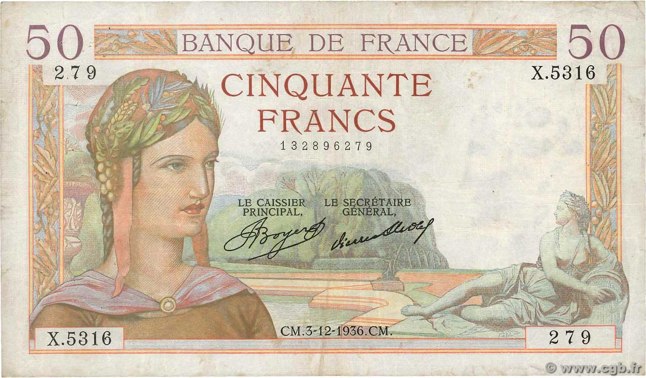 50 Francs CÉRÈS FRANCIA  1936 F.17.32 MB