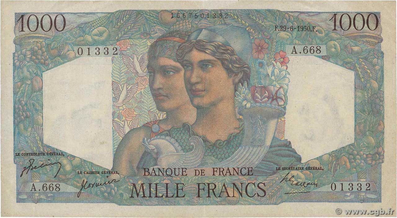 1000 Francs MINERVE ET HERCULE FRANCE  1950 F.41.33 TTB