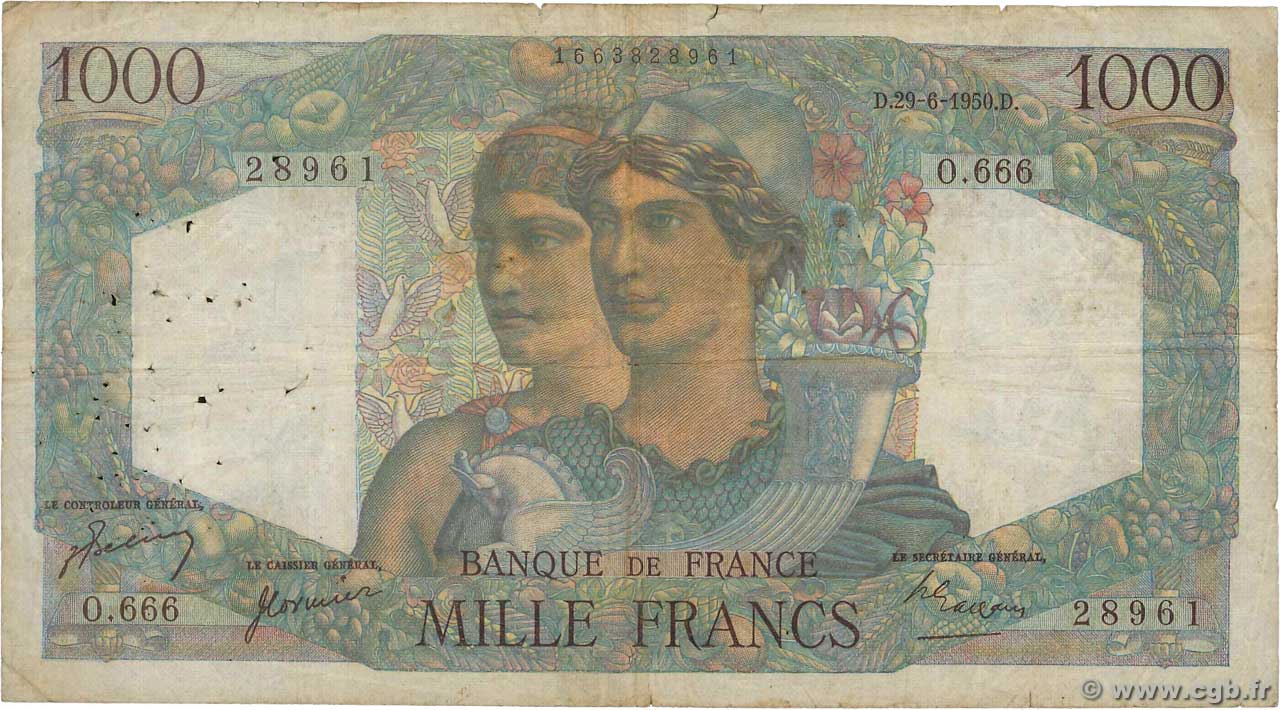 1000 Francs MINERVE ET HERCULE FRANCE  1950 F.41.33 B