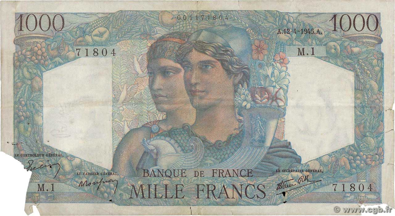 1000 Francs MINERVE ET HERCULE FRANCE  1945 F.41.01 G