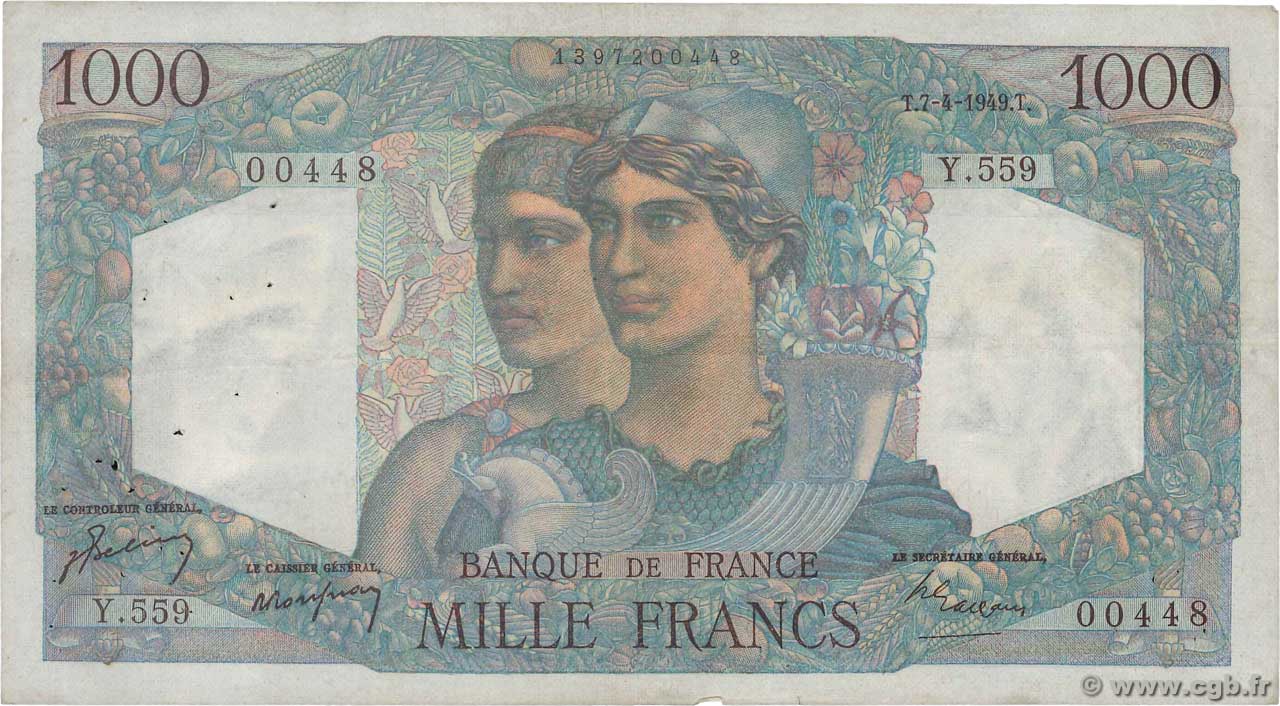 1000 Francs MINERVE ET HERCULE FRANCE  1949 F.41.26 VF-