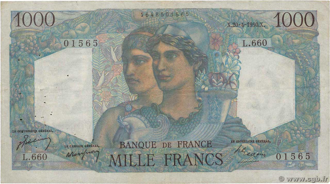 1000 Francs MINERVE ET HERCULE FRANCE  1950 F.41.32 pr.TTB