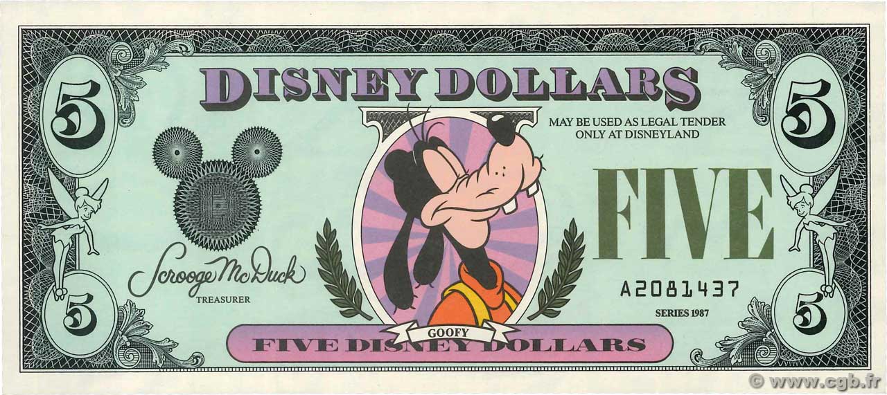 5 Disney dollars ÉTATS-UNIS D AMÉRIQUE  1987  pr.NEUF