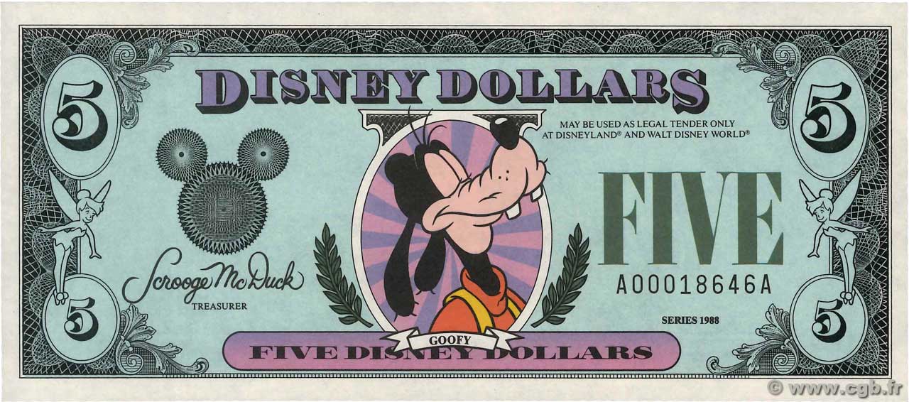 5 Disney dollar ÉTATS-UNIS D AMÉRIQUE  1988  NEUF