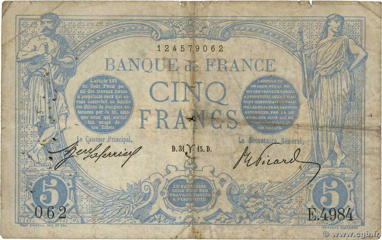 5 Francs BLEU FRANCIA  1915 F.02.25 RC+