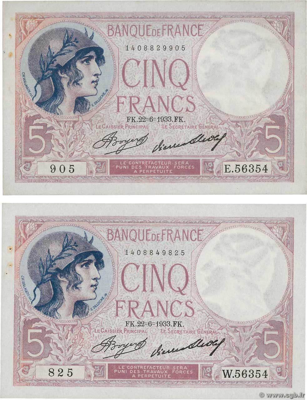 5 Francs FEMME CASQUÉE Lot FRANCE  1933 F.03.17 pr.SUP