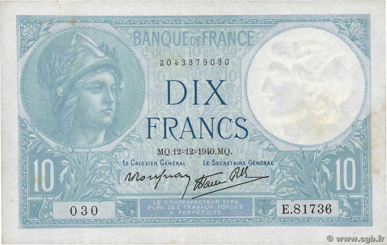 10 Francs MINERVE modifié FRANCE  1940 F.07.24 TTB+