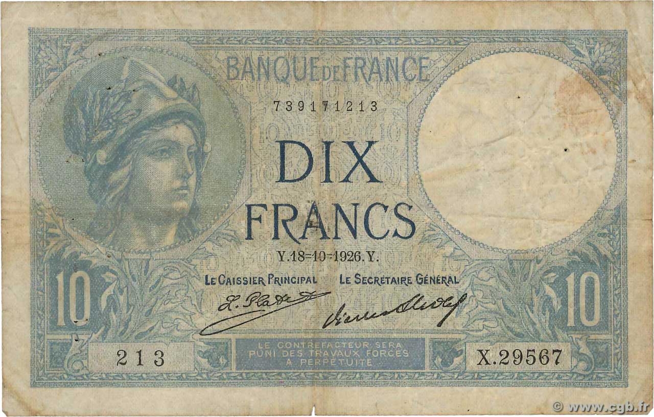 10 Francs MINERVE FRANCIA  1926 F.06.11 q.MB