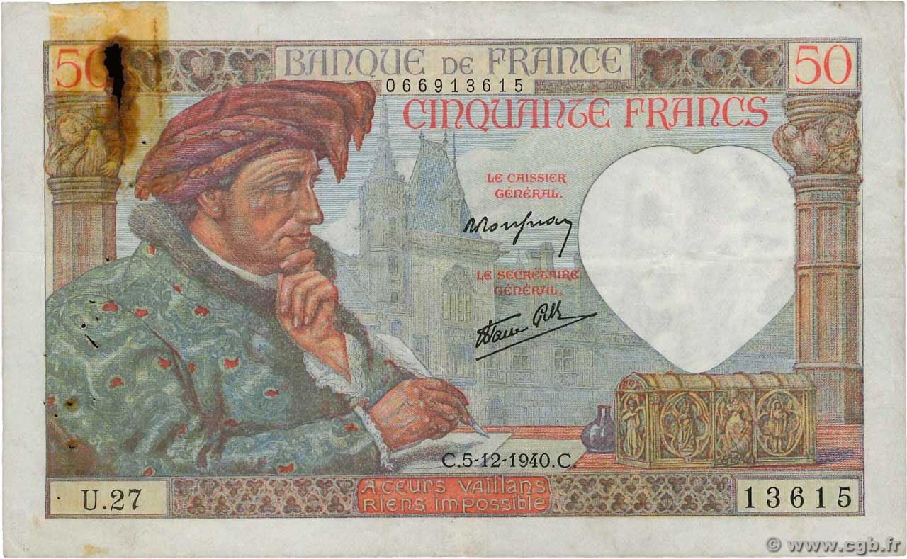 50 Francs JACQUES CŒUR FRANKREICH  1940 F.19.04 fSS