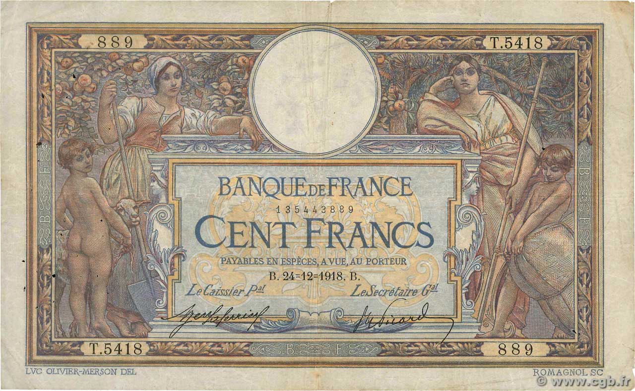100 Francs LUC OLIVIER MERSON sans LOM FRANCE  1918 F.23.10 TB