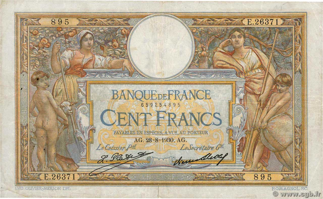 100 Francs LUC OLIVIER MERSON grands cartouches FRANCIA  1930 F.24.09 MB