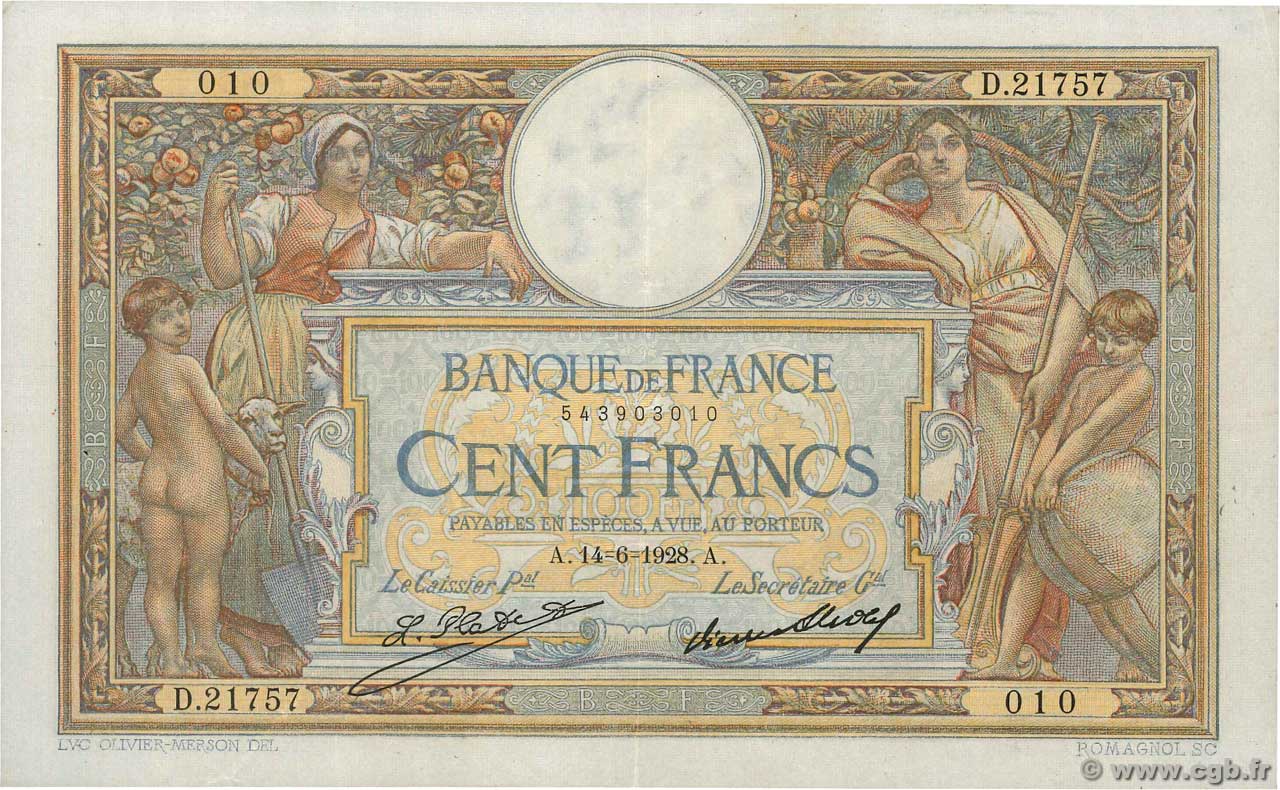 100 Francs LUC OLIVIER MERSON grands cartouches FRANCE  1928 F.24.07 TTB+