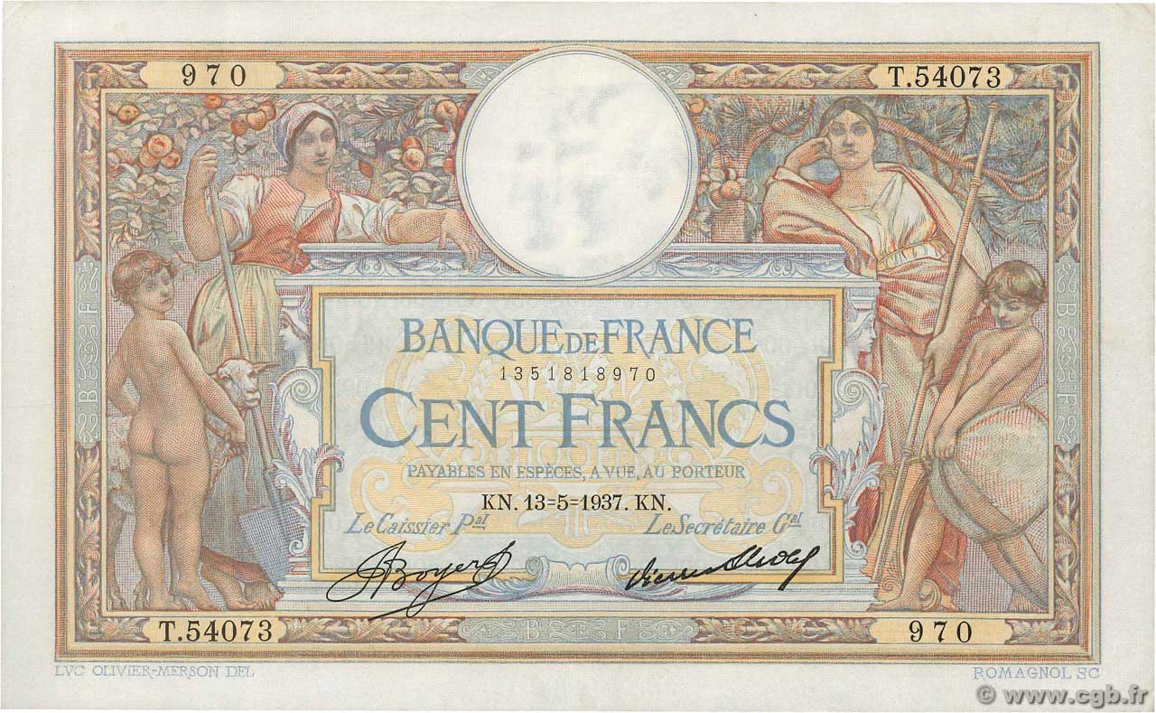 100 Francs LUC OLIVIER MERSON grands cartouches FRANCE  1937 F.24.16 TTB+