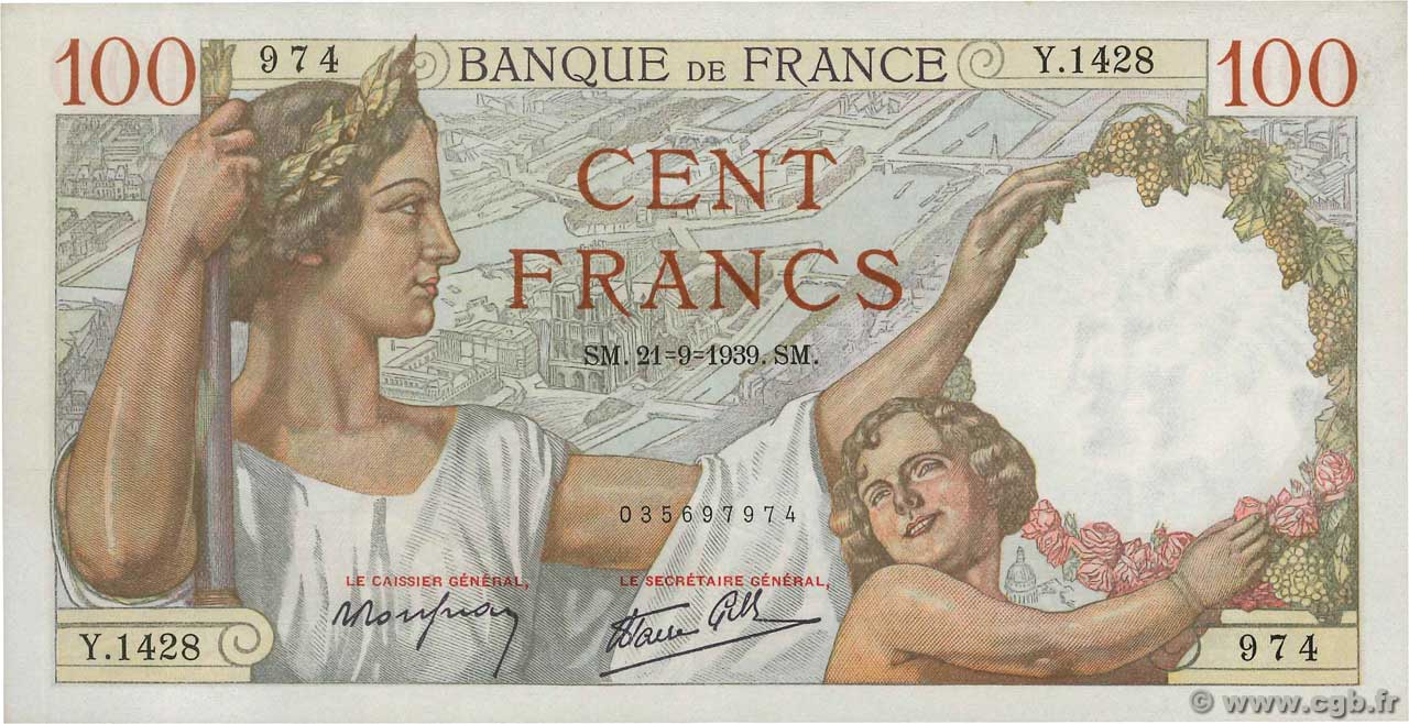 100 Francs SULLY FRANCE  1939 F.26.07 SUP