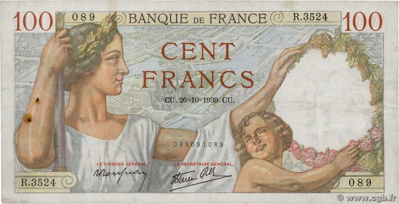 100 Francs SULLY FRANCE  1939 F.26.12 TB