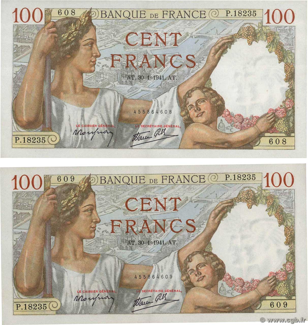 100 Francs SULLY Consécutifs FRANCE  1941 F.26.45 XF