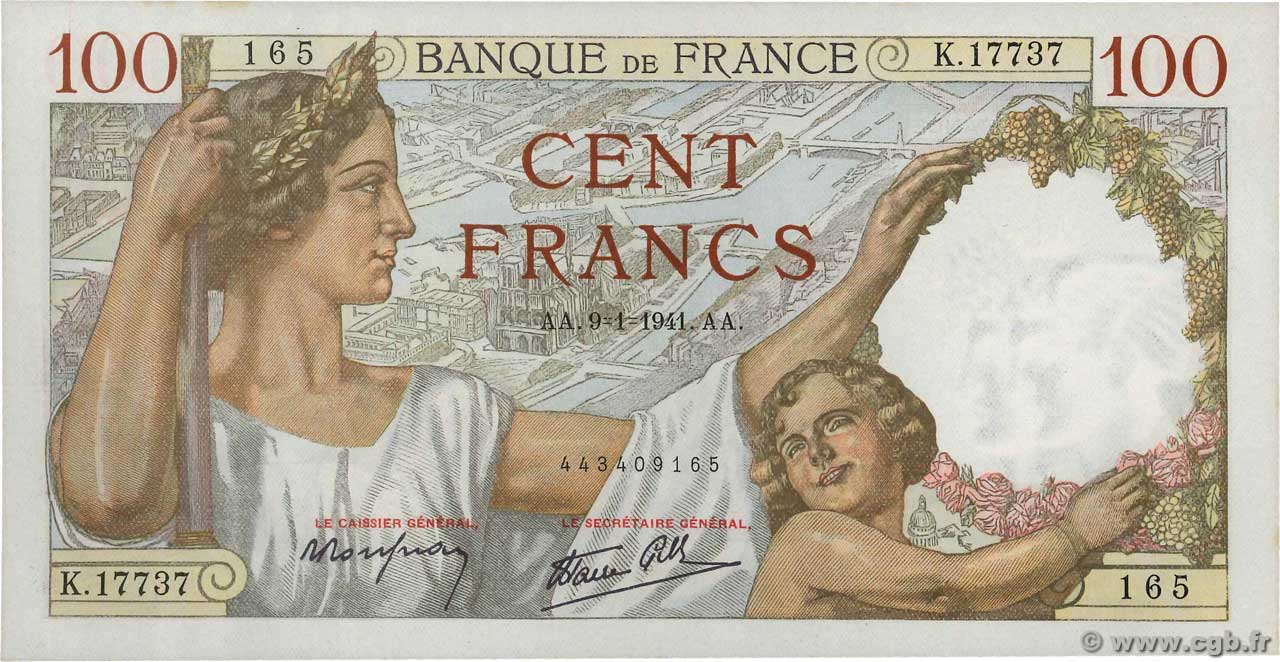 100 Francs SULLY FRANCE  1941 F.26.44 SPL+