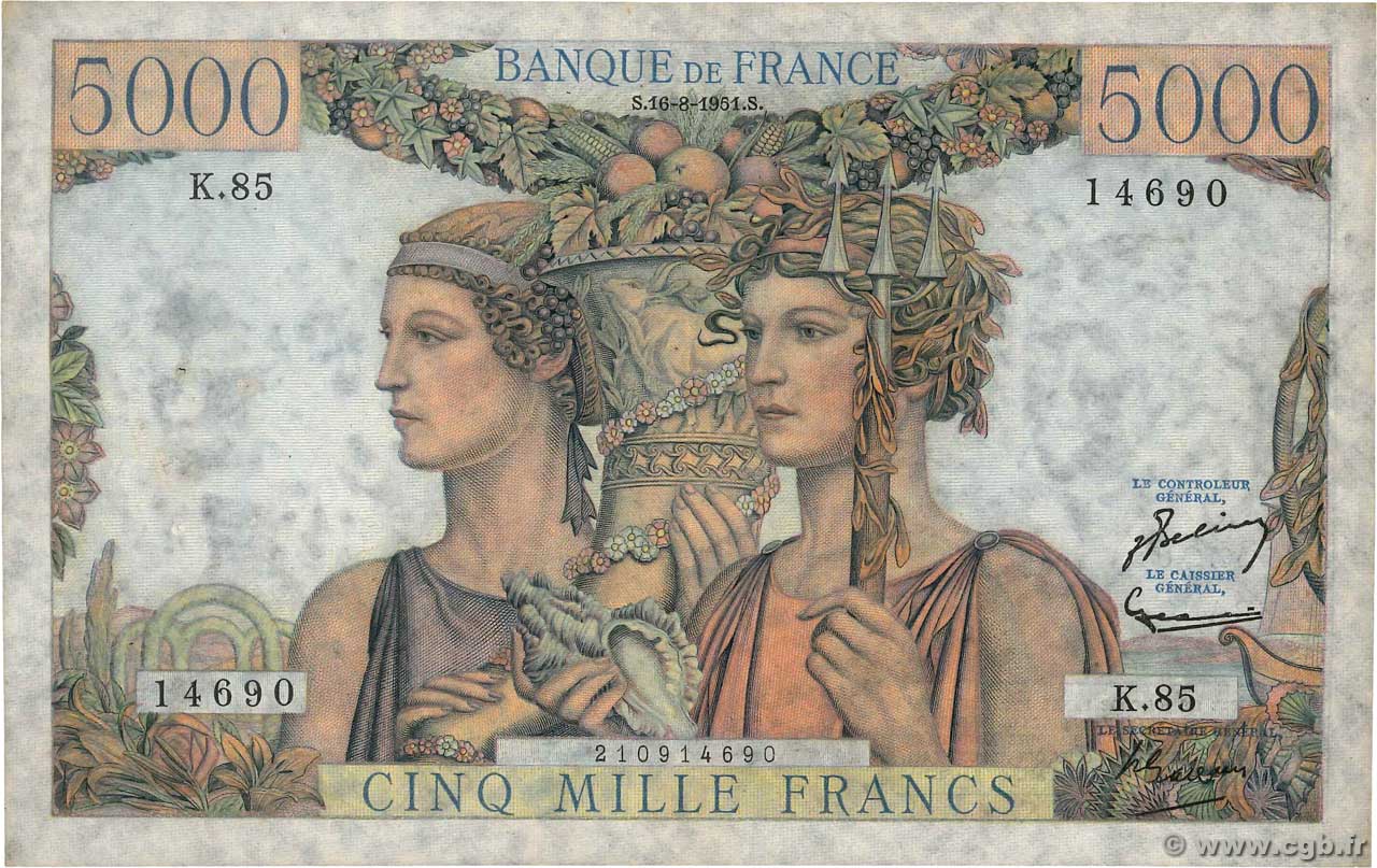 5000 Francs TERRE ET MER FRANCE  1951 F.48.05 VF-