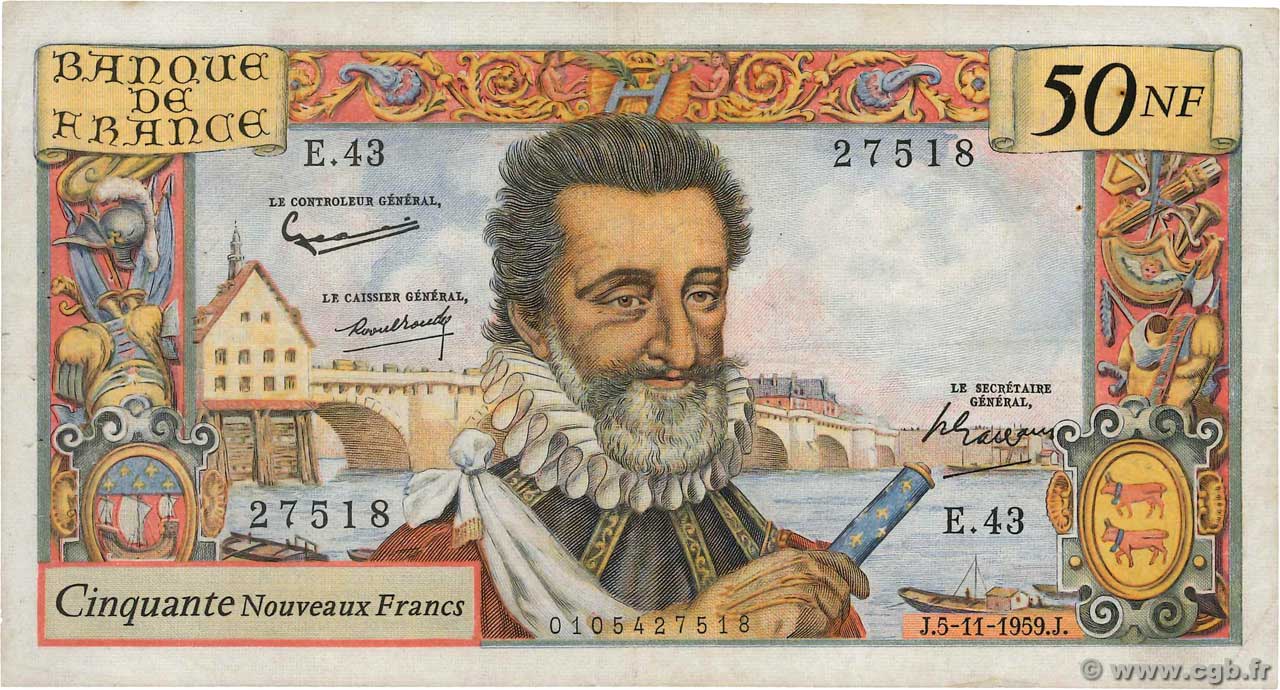 50 Nouveaux Francs HENRI IV FRANCIA  1959 F.58.04 MB