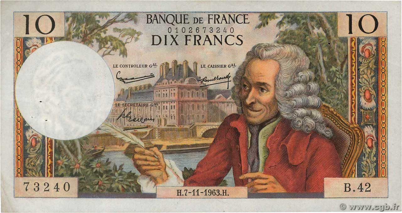 10 Francs VOLTAIRE FRANCE  1963 F.62.05 VF