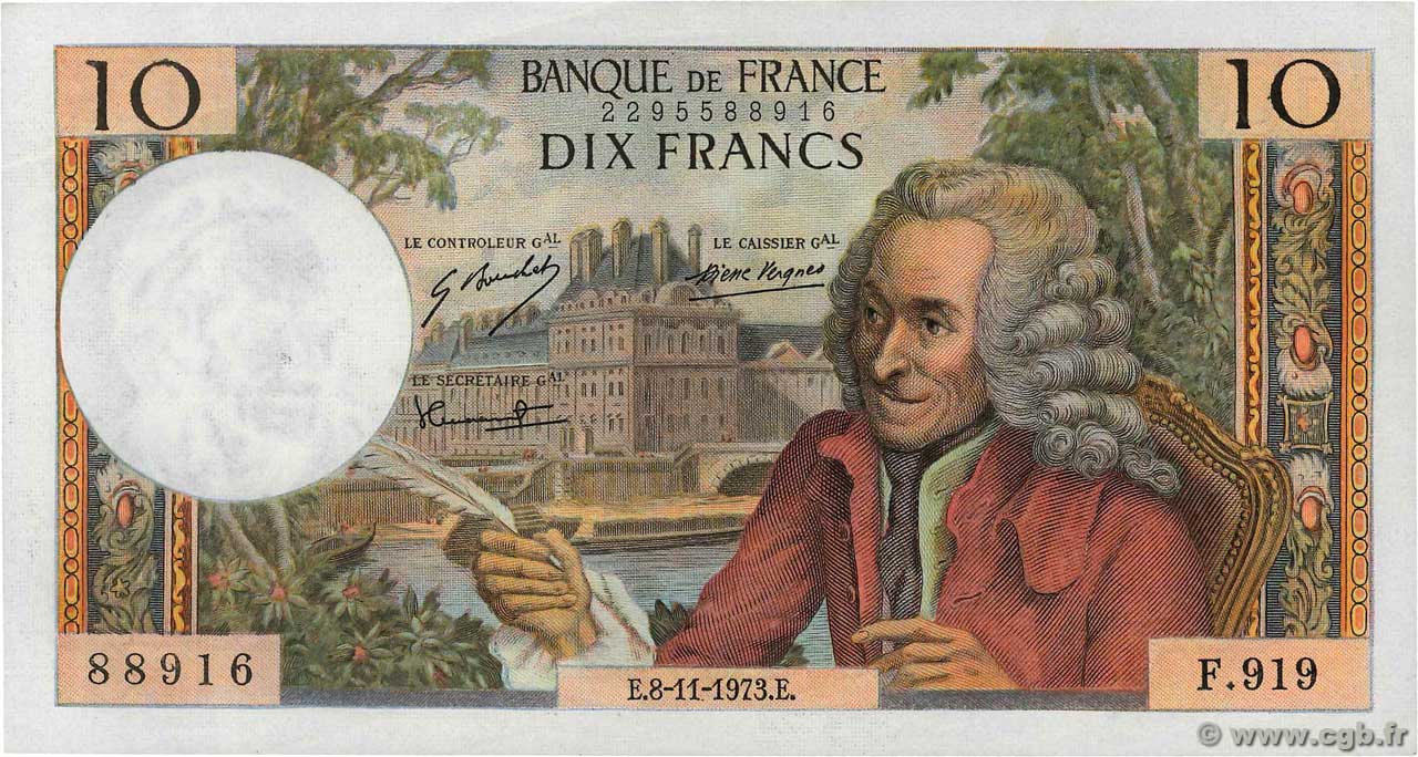 10 Francs VOLTAIRE Lot FRANCE  1973 F.62.64 XF-