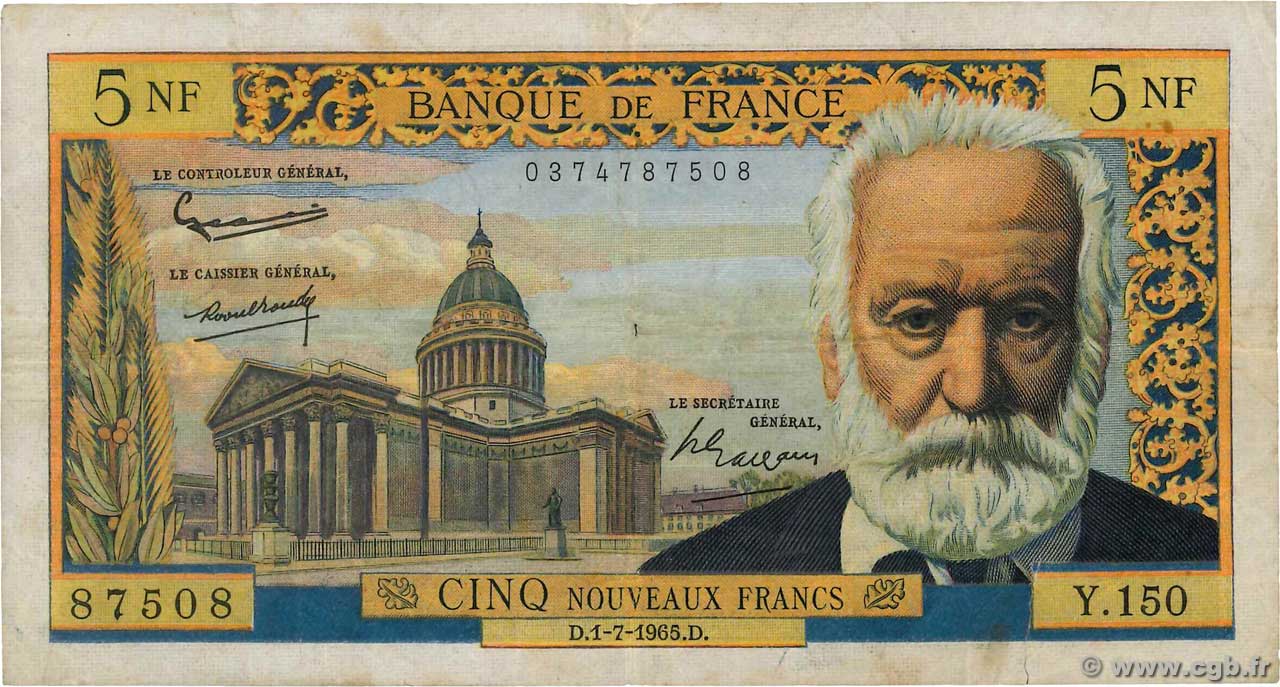 5 Nouveaux Francs VICTOR HUGO FRANCIA  1965 F.56.19 BC