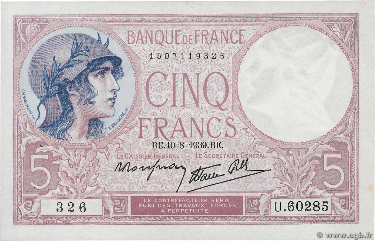 5 Francs FEMME CASQUÉE modifié FRANCE  1939 F.04.05 SUP