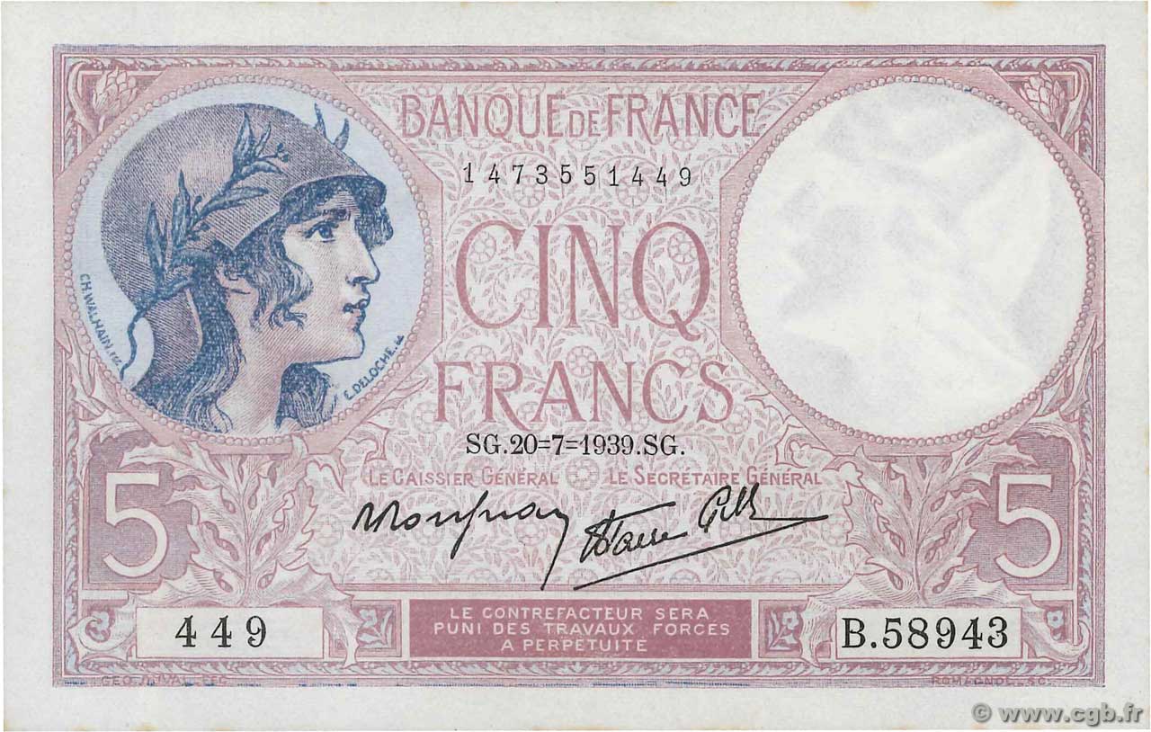 5 Francs FEMME CASQUÉE modifié FRANKREICH  1939 F.04.02 VZ