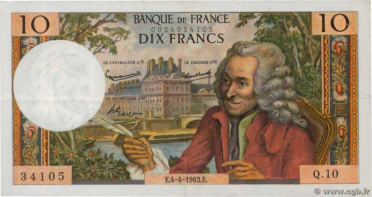 10 Francs VOLTAIRE FRANCE  1963 F.62.02 TTB+