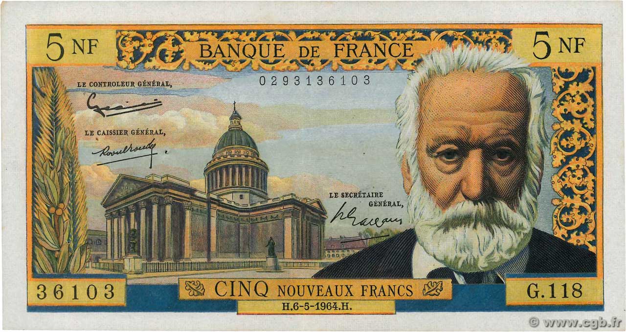 5 Nouveaux Francs VICTOR HUGO FRANKREICH  1964 F.56.15 fVZ