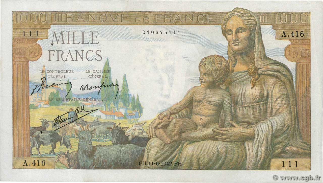 1000 Francs DÉESSE DÉMÉTER FRANCIA  1942 F.40.02 MBC+