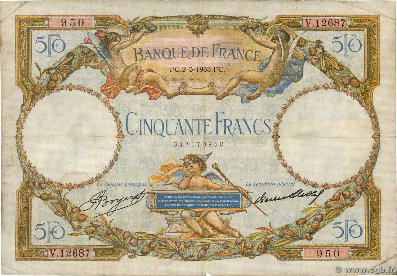 50 Francs LUC OLIVIER MERSON type modifié FRANCE  1933 F.16.04 pr.TB